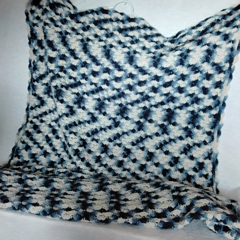 Crochet Throw Blanket 42" By 76" Blue White Verigated Pattern Handmade
